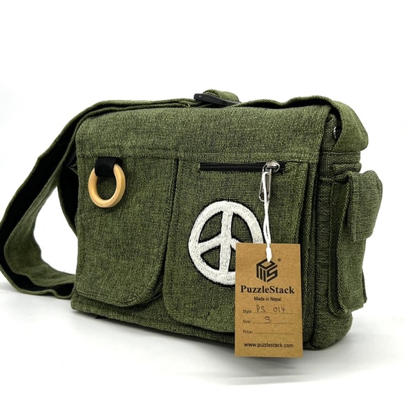 Messenger Bag Sustainable Eco bag Handmade Gift Peace Sign Embroidery - Picture 5 of 9